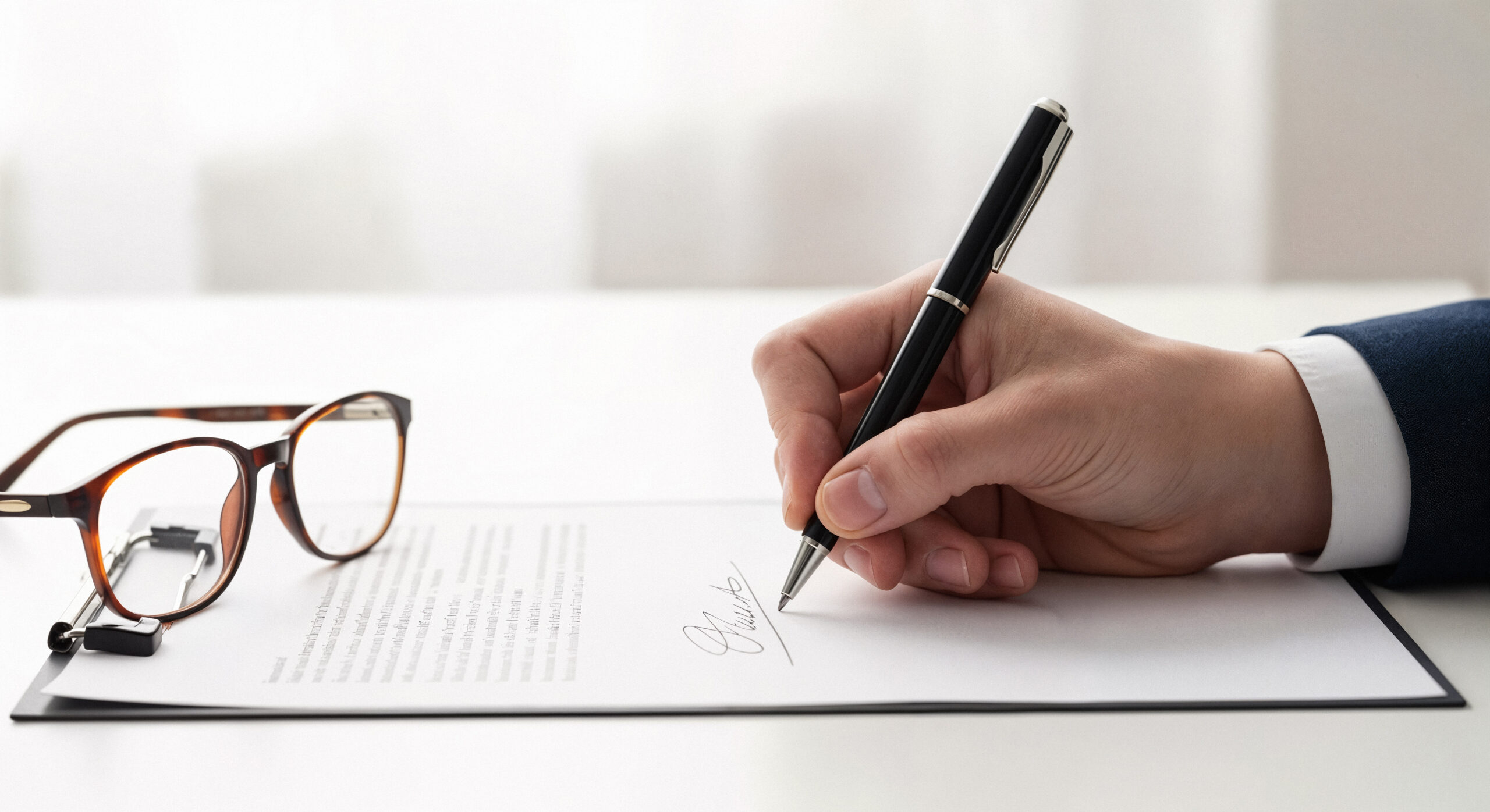 signing document with eyeglasses
